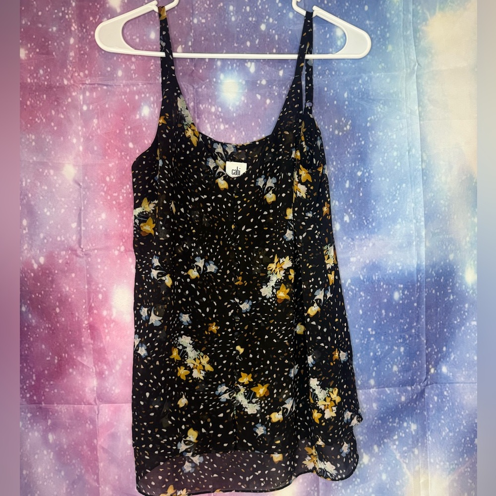 CAbi Black Floral Sheer Tank Top with Yellow & White Flowers